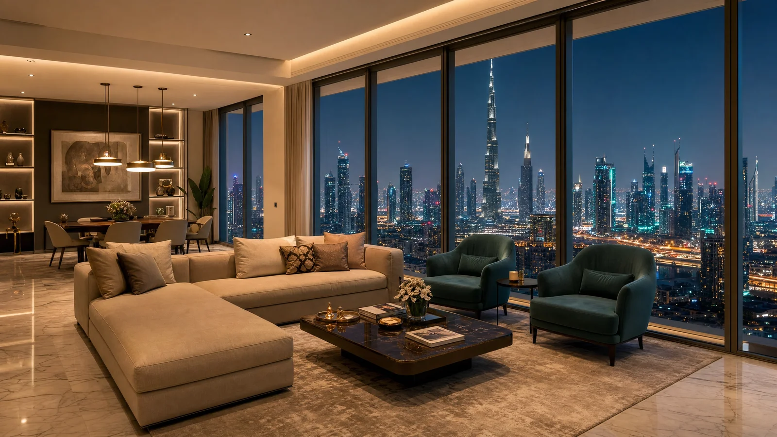 Luxury Dubai apartment interior at evening with floor-to-ceiling windows overlooking the Burj Khalifa and Downtown Dubai skyline, illustrating premium end-user rental demand