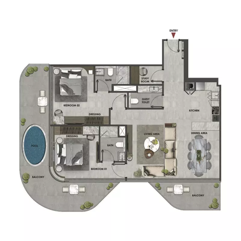 Arya Residences 2 BR floor plan