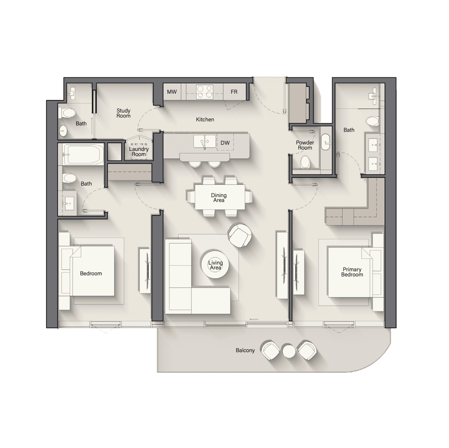 Costa Mare 2 Bedroom + Study floor plan