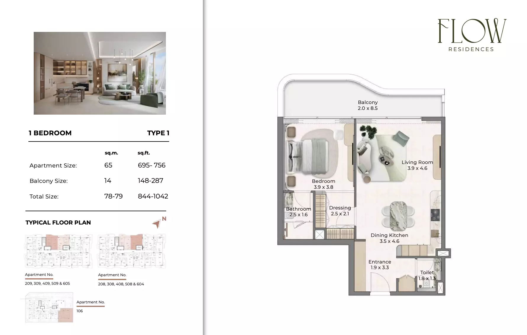 Flow Residences 1 BR floor plan