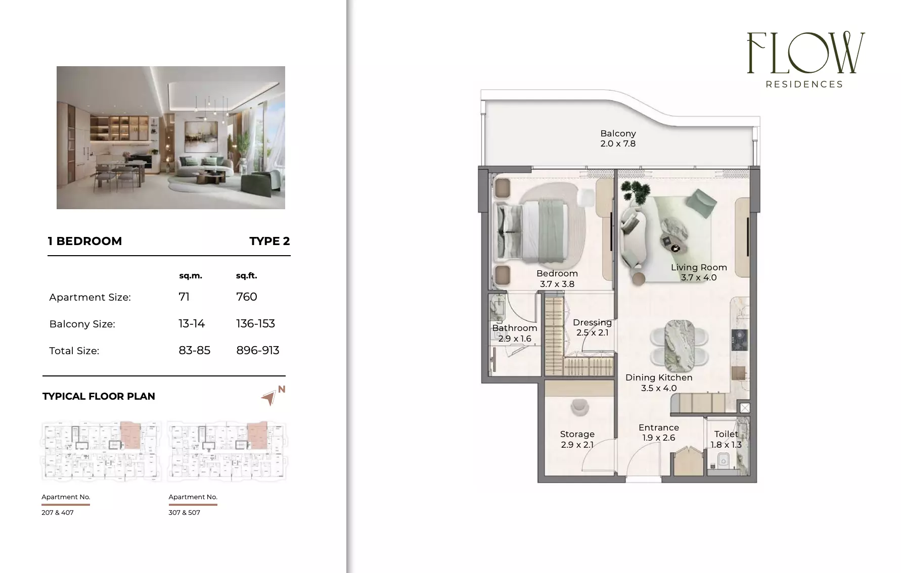 Flow Residences 1 BR floor plan