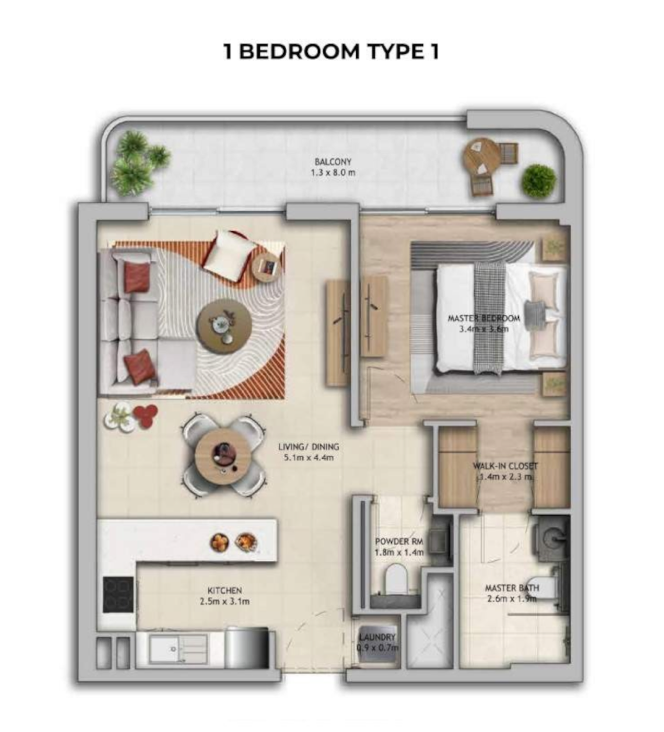 Manarat Living 1 Bedroom Type 1 floor plan