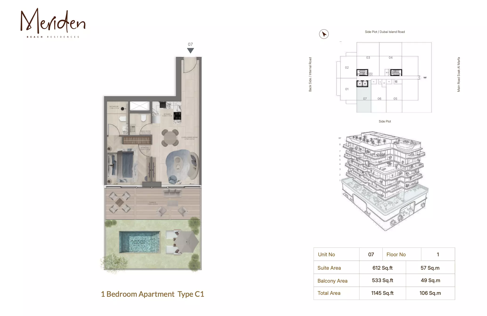 Meriden Beach Residences 1 BR floor plan