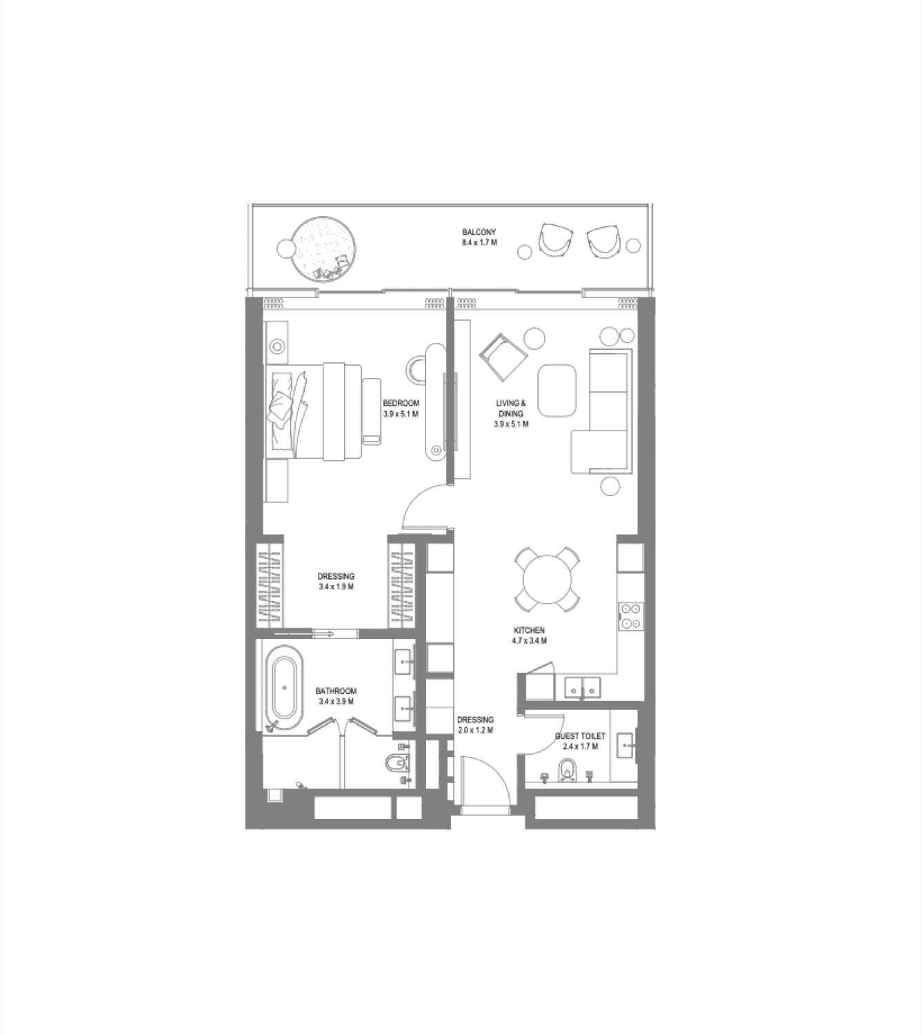 The W 1 Bedroom floor plan
