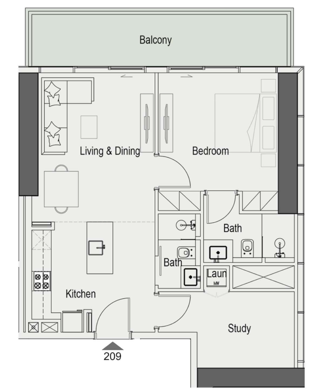 Sierra 1 Bedroom with Study Type 1 floor plan