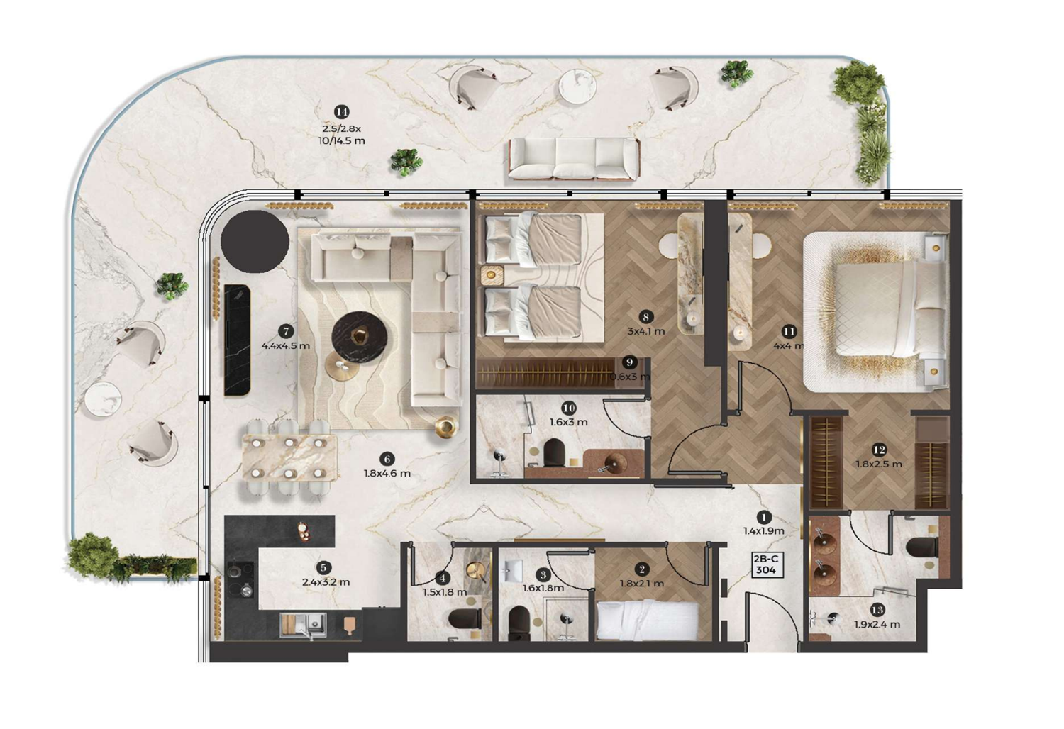 Stellar by Elie Saab, Yas Island 2 BR floor plan