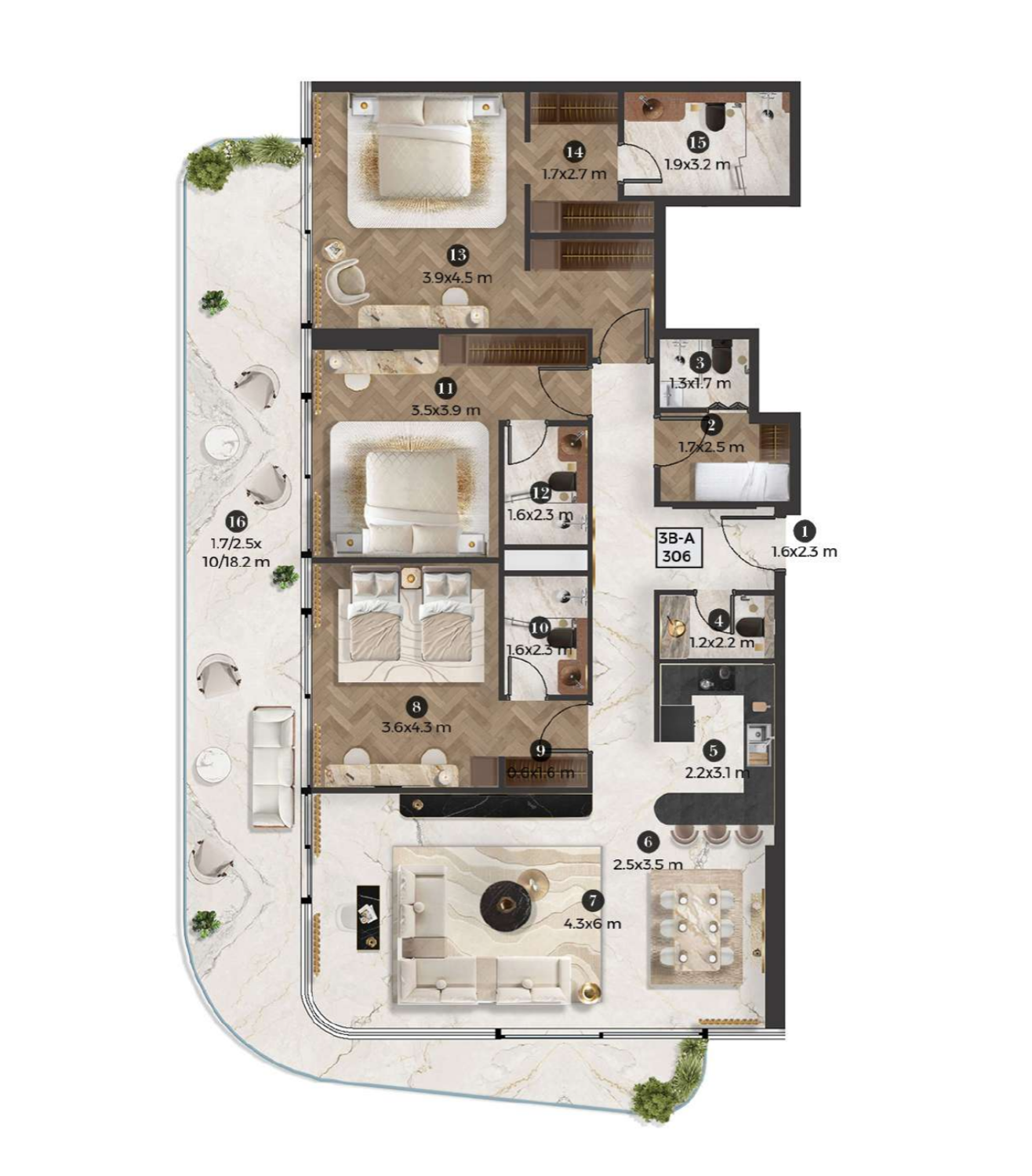 Stellar by Elie Saab, Yas Island 3 BR floor plan