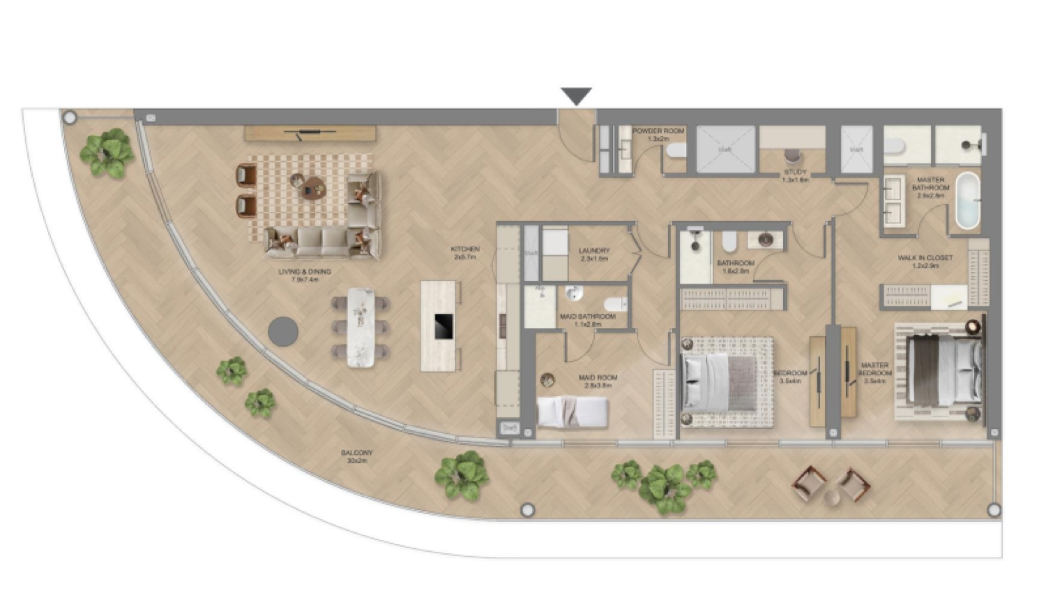 The Row 2 Bedroom + Maid + Study Type 1 floor plan
