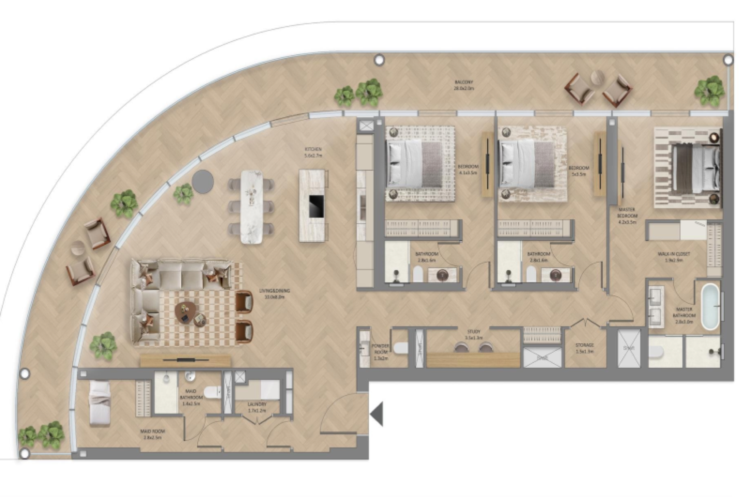 The Row 3 Bedroom + Maid + Study Type 1 floor plan