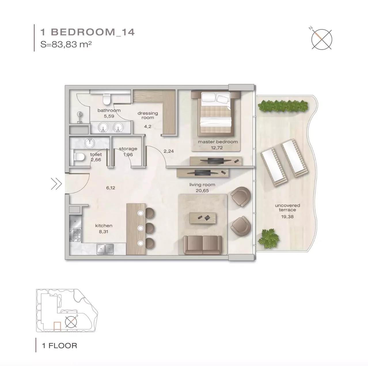 Zephyra 1 BR floor plan