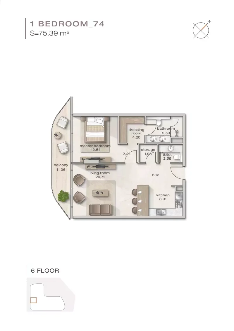 Zephyra 1 BR floor plan