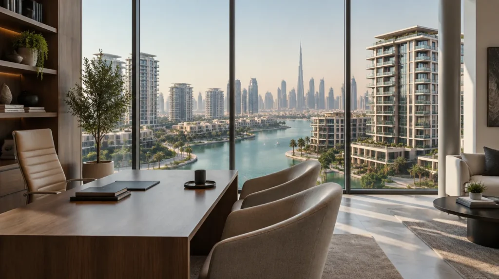 Modern Dubai residential development seen from an advisory office