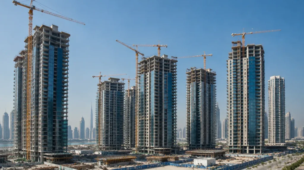 Residential towers under construction in Dubai with tower cranes
