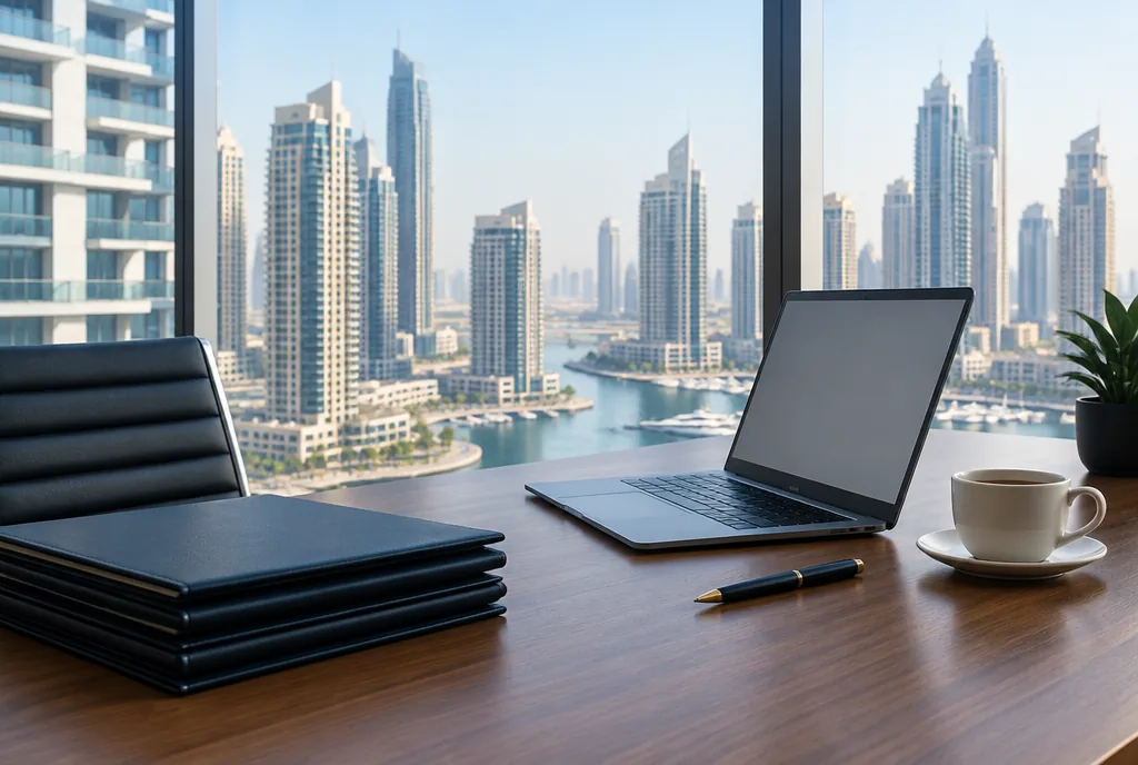 Property documents and laptop on a desk overlooking Dubai residential towers